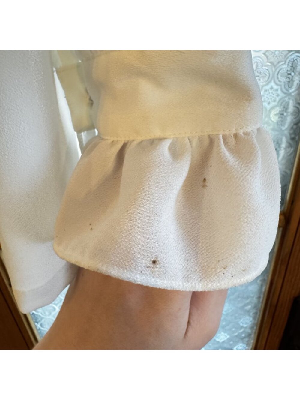 Moda Intl Sheer Long Sleeve Blouse Ivory Ruffled Cuffs Tie Front - Picture 3 of 7